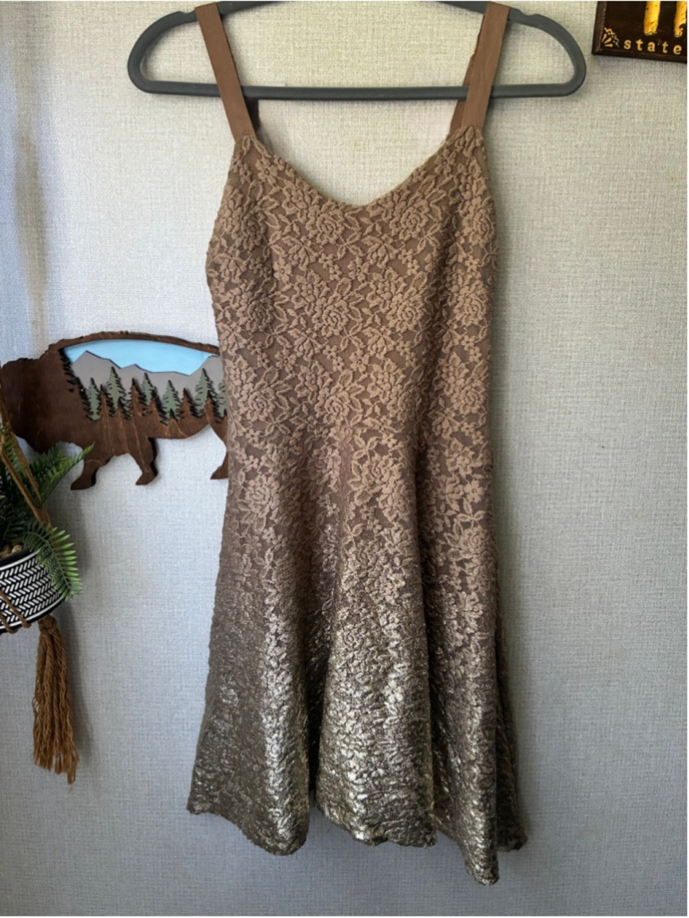 Women's Free People Mini Dress S Brown Gold Lace - Picture 2 of 6
